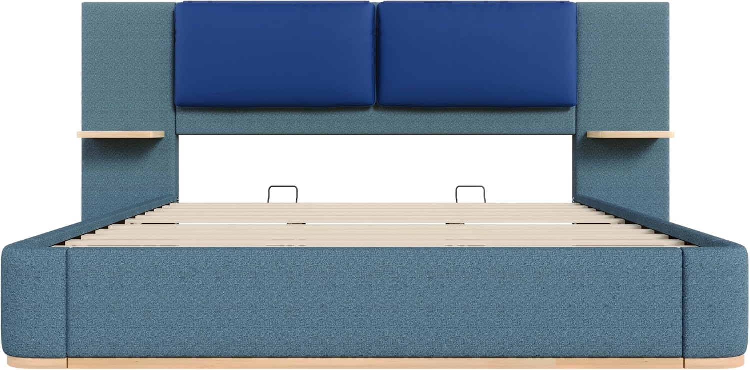 Luxury Bed Frame with Nightstands Modern Bedroom Set, Blue King Size Floor Platform Bed with Oversize Soft Upholstered Tall Headboard Bedframe, No Box Spring Needed (Blue, King)