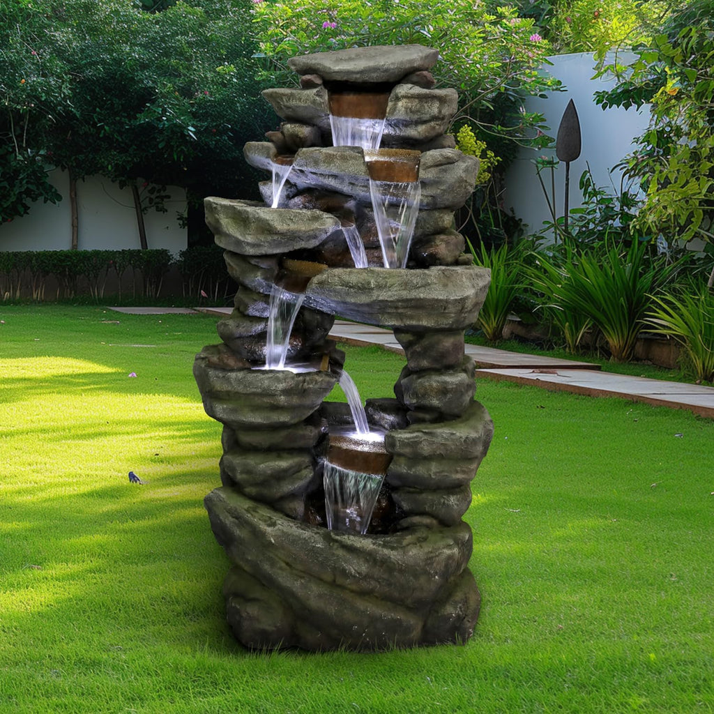 SunJet 60' High 7-Tiers Cascading Rock Outdoor Water Fountain with LED Lights - Large Outdoor Fountains and Waterfalls for Garden or Patio, Yard, and Deck Decor, Featuring Natural Stone Look