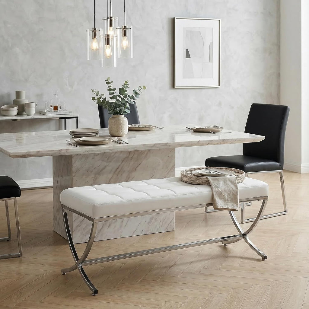 LukeAlon Modern PU Leather Dining Bench, Button Tufted Ottoman Bench with X-Shape Chrome Finish Upholstered End of Bed Bench Comfy Entryway Bench for Bedroom Kitchen, White