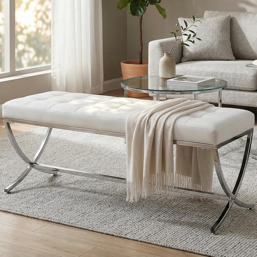 LukeAlon Modern PU Leather Dining Bench, Button Tufted Ottoman Bench with X-Shape Chrome Finish Upholstered End of Bed Bench Comfy Entryway Bench for Bedroom Kitchen, White