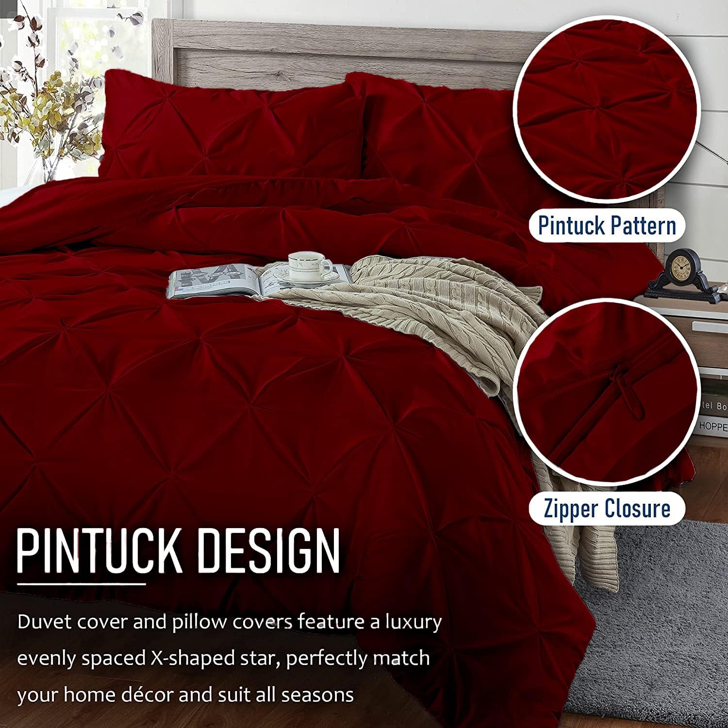 Crown Collection Luxuriate Hotel 1000-TC Hypoallergenic Ultra Soft Design 100% Egyptian Cotton Pinch Plated Duvet Cover with Zipper Colser & 2pcs Pillow Case Set (Super King Plus 120X120, Burgundy)