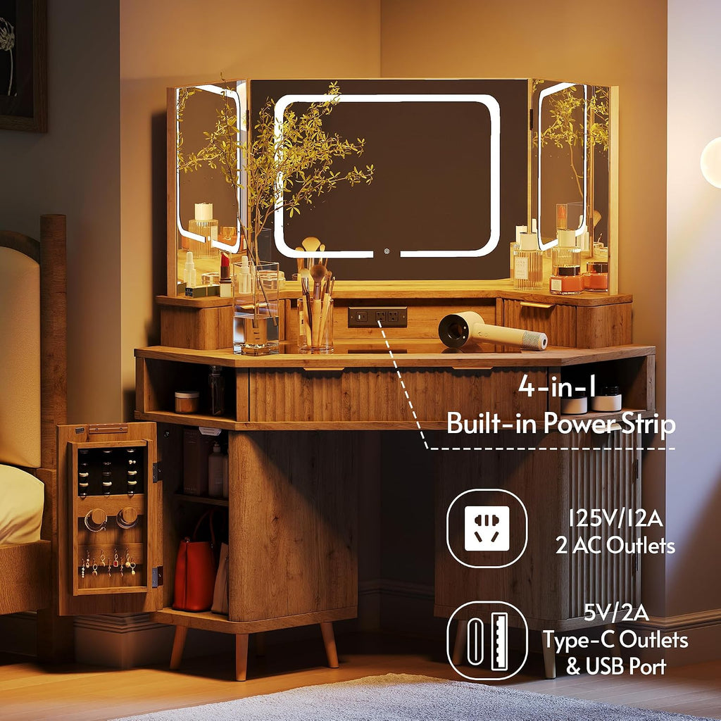 ENSTVER Corner Vanity with Clear Glass Top, 47' Corner Makeup Vanity Desk with Large Mirror and Lights, Fluted Wooden Vanity Wall-Mounted Jewelry Storage for Bedroom, Oak