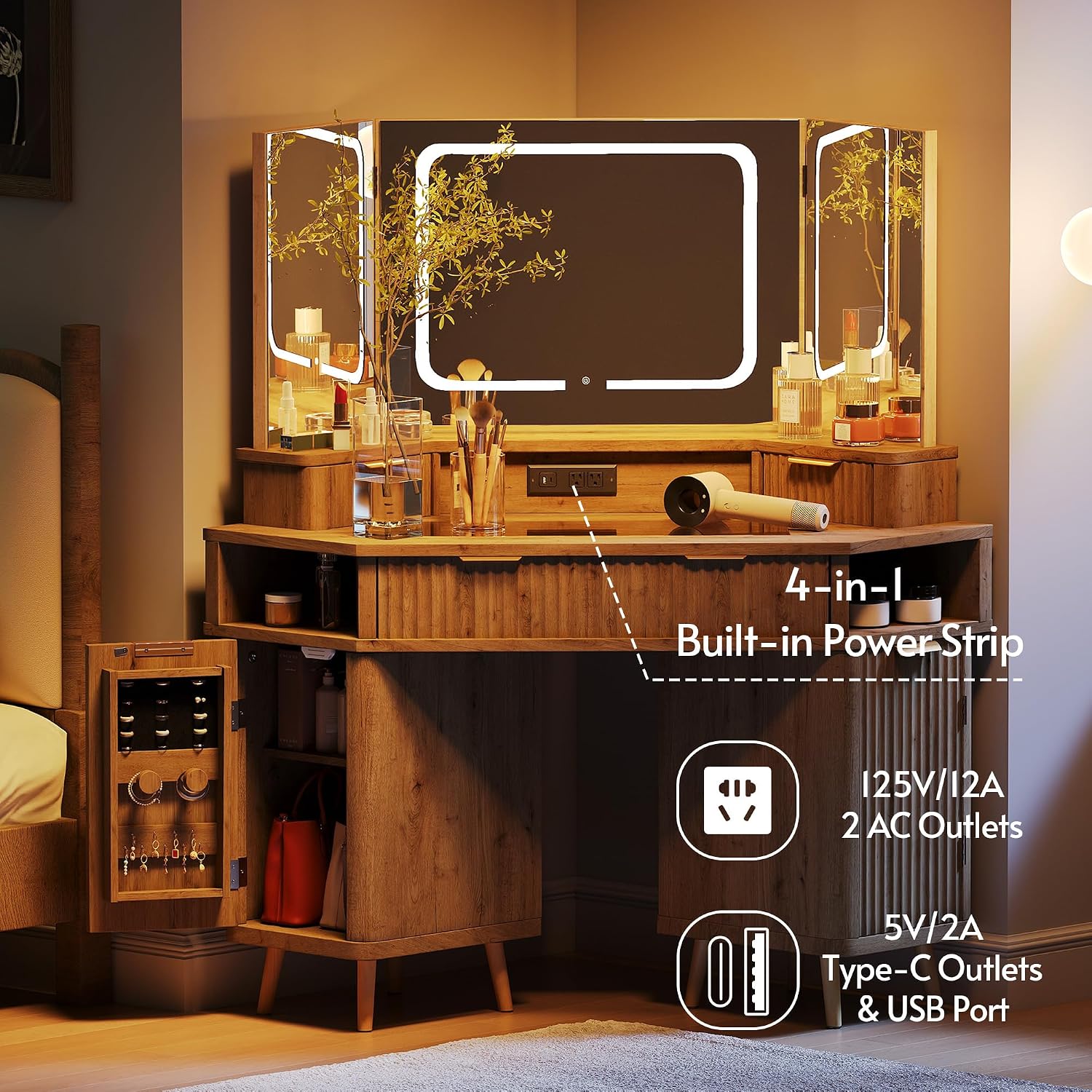 ENSTVER Corner Vanity with Clear Glass Top, 47' Corner Makeup Vanity Desk with Large Mirror and Lights, Fluted Wooden Vanity Wall-Mounted Jewelry Storage for Bedroom, Oak