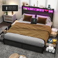 Fabuils Full Size Bed Frame with Storage, LED Wood Bed Platform with Headboard, 4 Drawers, Charging Station, No Box Spring Needed, Metal Support Base,Charcoal Grey