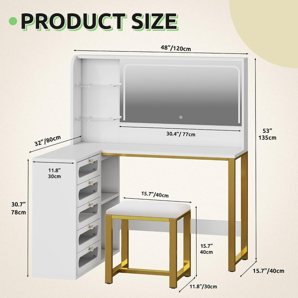 DWVO Vanity Desk with Light and Mirror, 3 Lighting Modes, L-Shaped Corner Vanity Table, 48' Large Dressing Table with 5 Tempered Glass Drawers with Open Storage Shelves