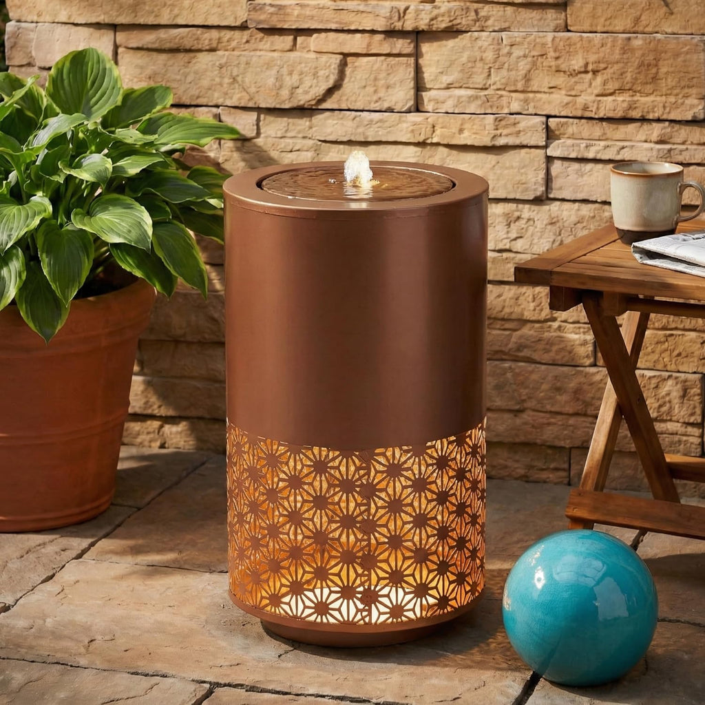 Merax 20.87' H Brown Metal Cutout Outdoor Water Fountain with LED Lights, Modern Freestanding Candle Style Water Feature for Patio Backyard Decor