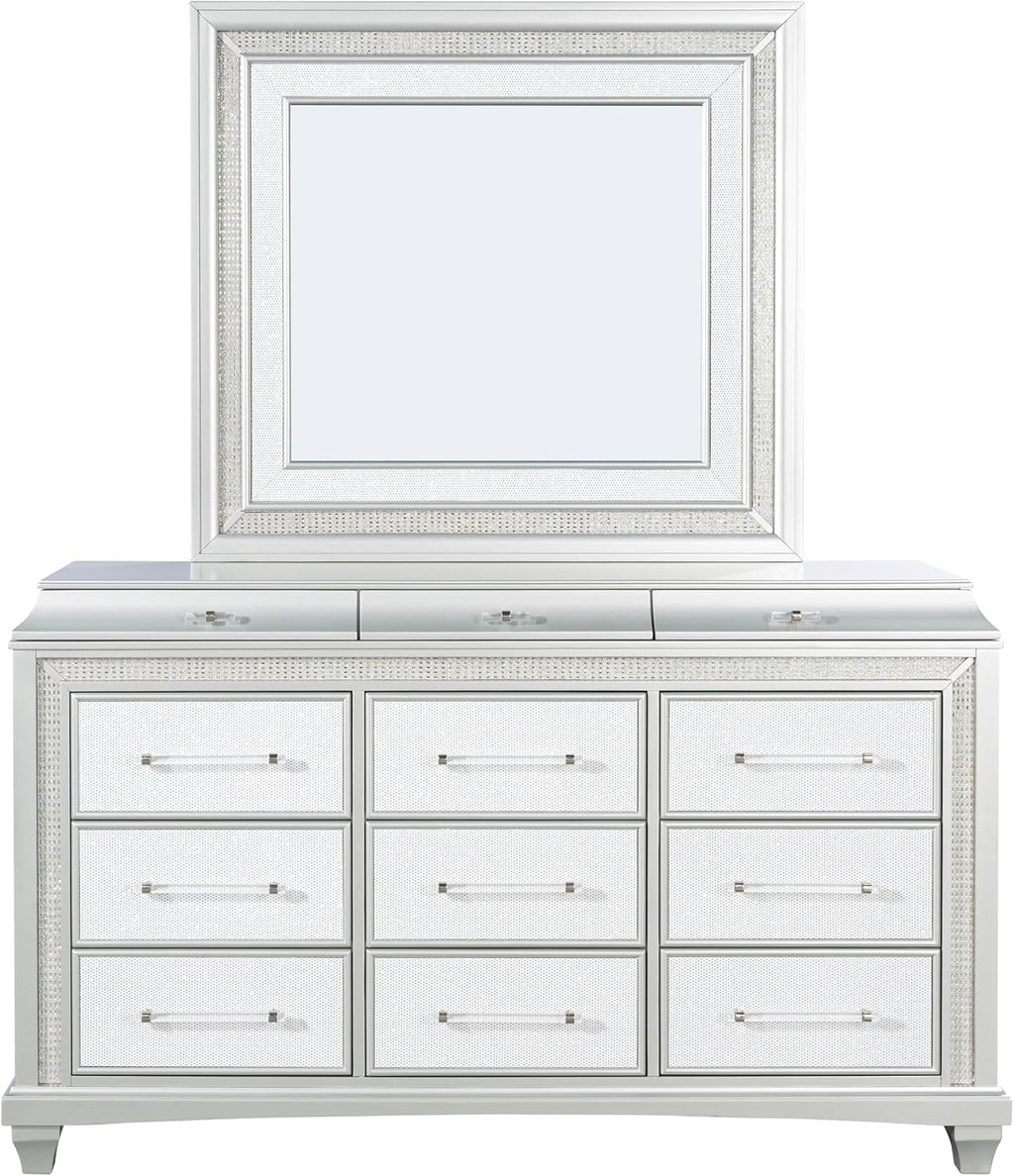 Furniture of America Silvia Glam Solid Wood 6-Piece Bedroom Set with Layered Frame Bed, Faux Crystal Trim LED on Nightstands, Chest and Dresser with Mirror, Box Spring Needed for Bedroom, King, Silver