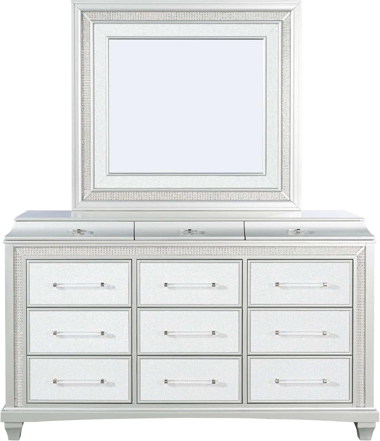 Furniture of America Silvia Glam Solid Wood 6-Piece Bedroom Set with Layered Frame Bed, Faux Crystal Trim LED on Nightstands, Chest and Dresser with Mirror, Box Spring Needed for Bedroom, King, Silver