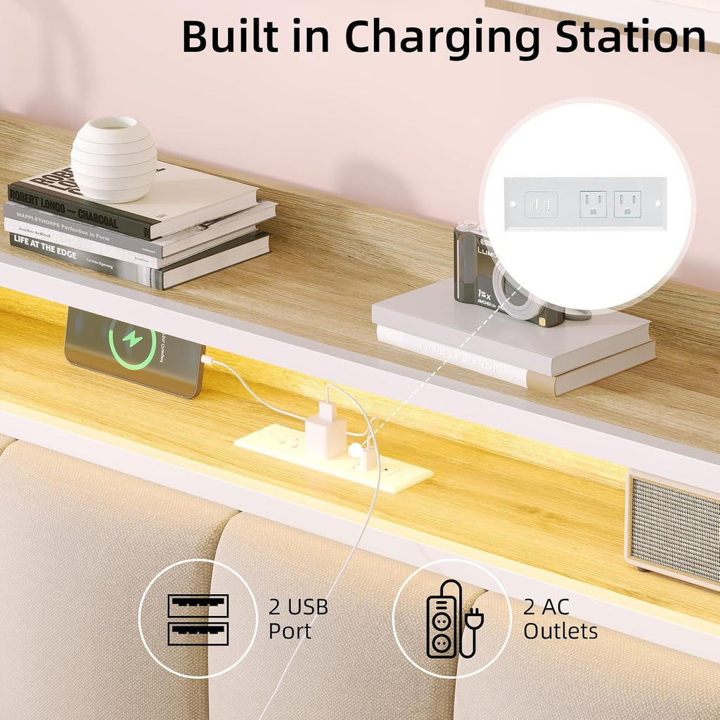 IMMERSTABLE Full Size Bed Frame with LED Lights and Charging Station, Upholstered Storage Headboard, Full Metal Platform Bed Frame with Metal Slats, No Box Spring Needed, Easy Assembly, White