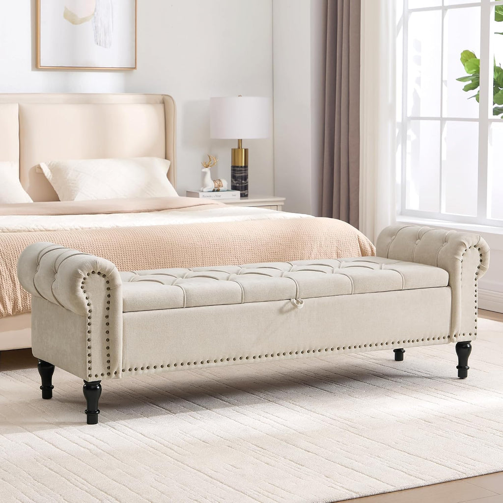 Storage Bed Bench for Bedroom, Chenille 67' End of Bed King Size Benches with Armrest, Tufted Button Upholstered Ottoman Bench for Living Room, Entryway, Camel