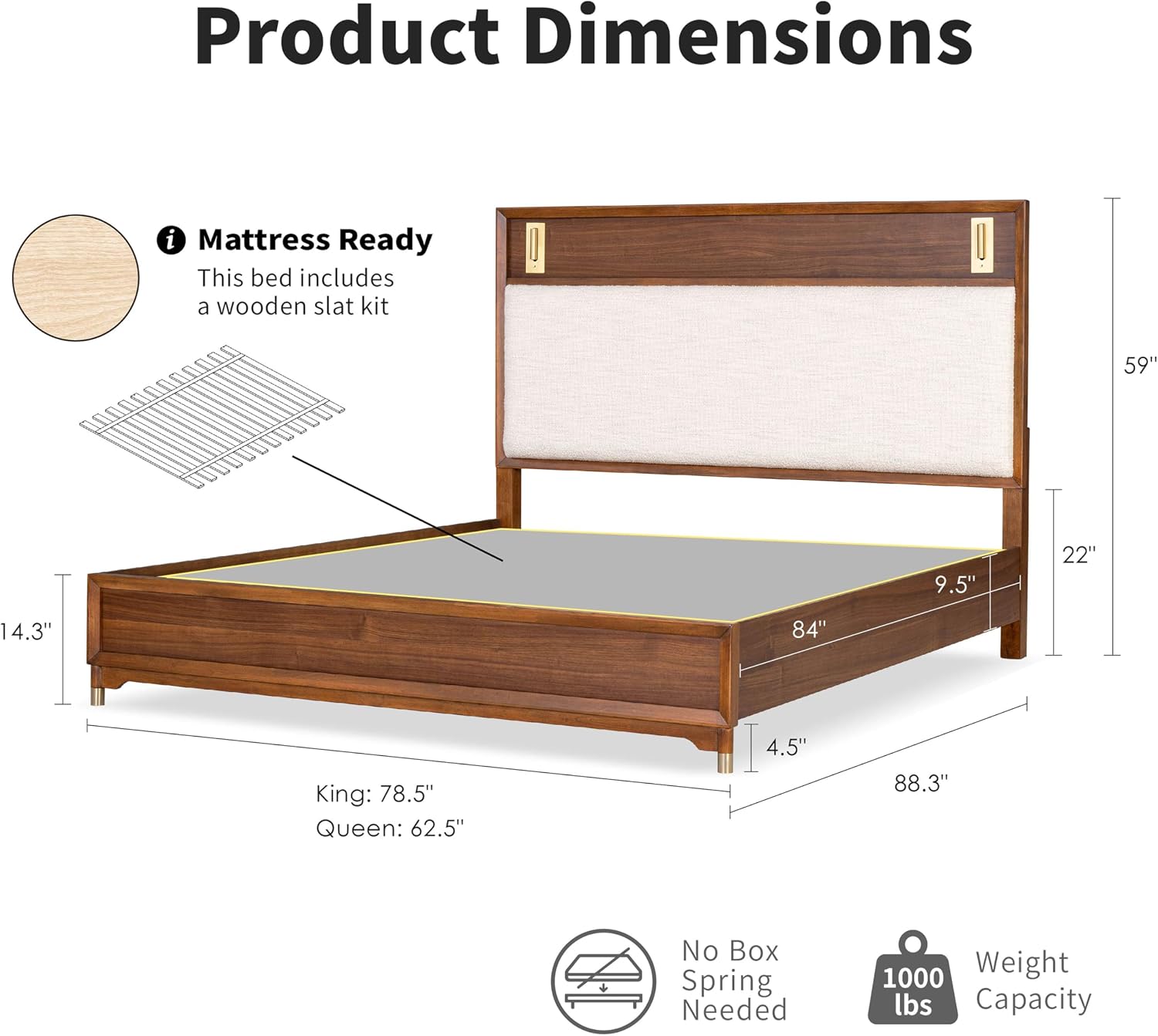 Furniture of America Forma Modern Solid Wood 3-Piece Bedroom Set with Upholstered Bed with LED Lights, Ball-Bearing Glide on Nightstand and Chest, No Box Spring Needed, Queen, Walnut
