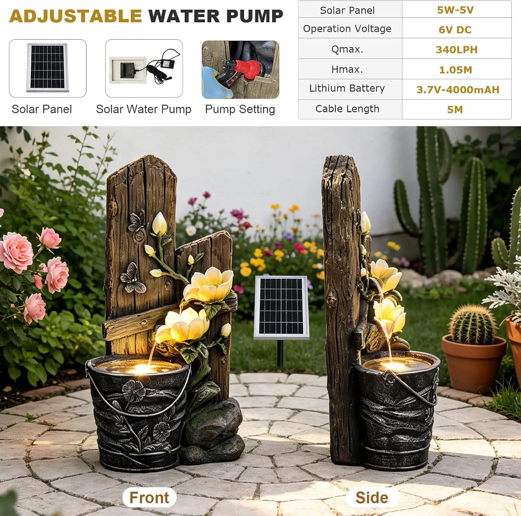 30.7' H Solar Water Fountain Outdoor Garden, Rustic Tiered Magnolia Flower & Bucket Waterfall with 4000mAh Battery Backup, Warm LED Lights & 5W Solar Panel for Patio, Porch, Backyard and Home Decor