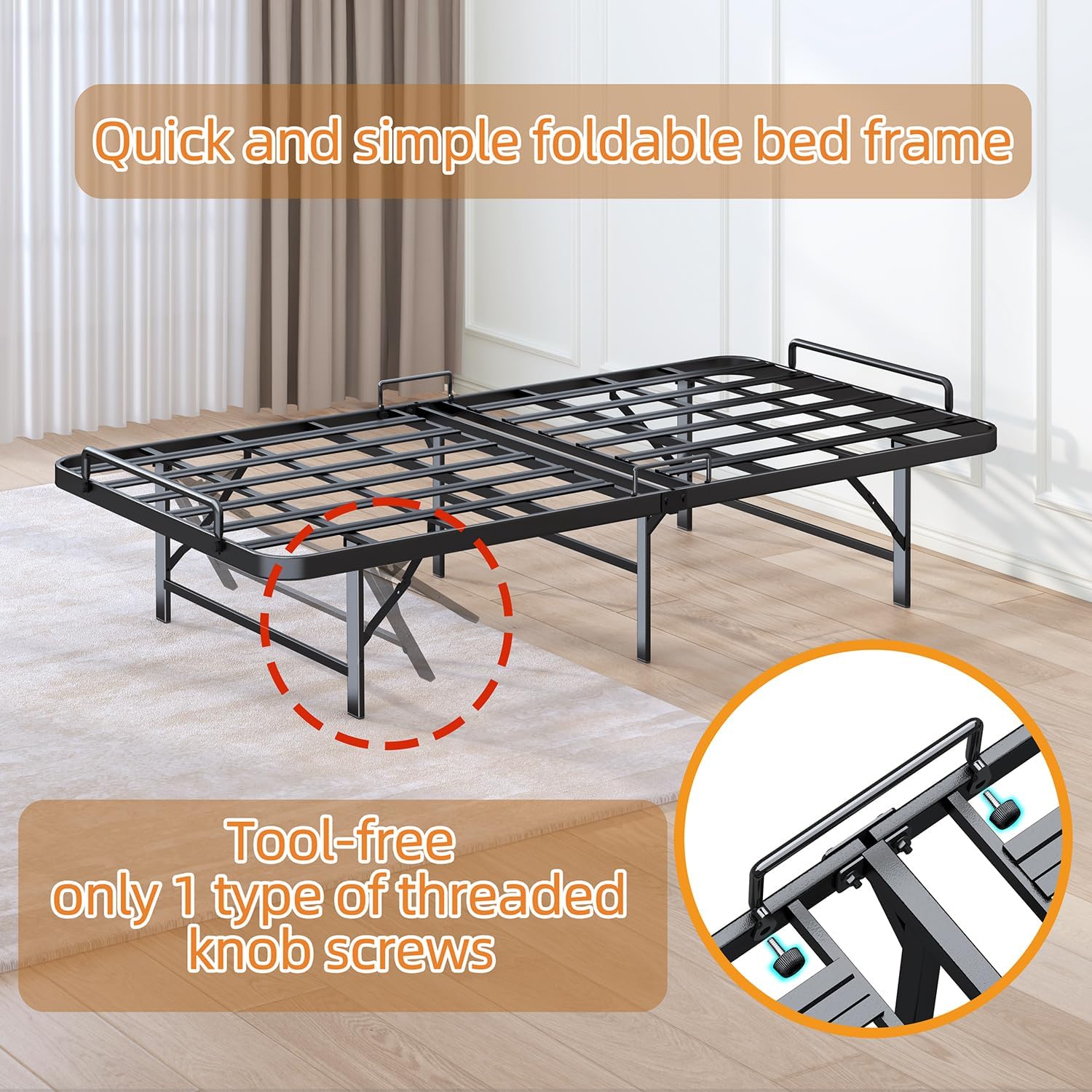 Foldable Twin Bed Frame,Folding Twin Bed Frame, 14 Inch Heavy Duty Metal Platform Bed, Sturdy Steel Bed Frames, Portable Bed, Tool-Free,Easy Assembly, No Box Spring Needed,Noise Free,Black
