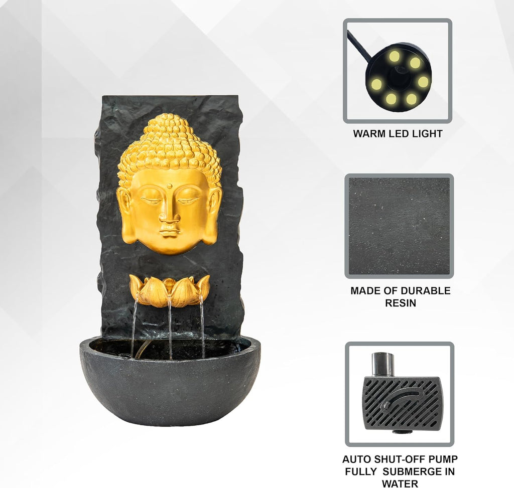 XBrand 30 in H Fiber Resin Wall Buddha Zen Outdoor Garden Water Fountain w/Warm LED Light, Gold