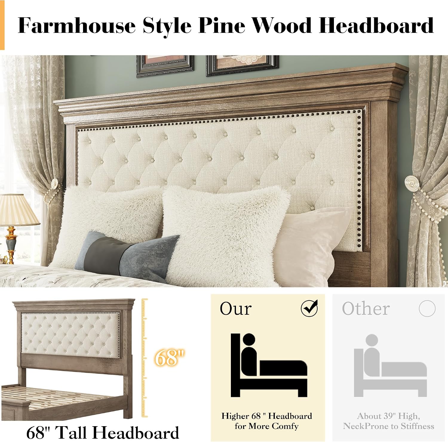LUXOAK Solid Pine Wood King Bed Frame with 69' High Upholstered Headboard, Transitional Style Platform Bed, No Box Spring Needed & Easy Assembly, Button-Tufted Chenille Fabric, Antique Taupe