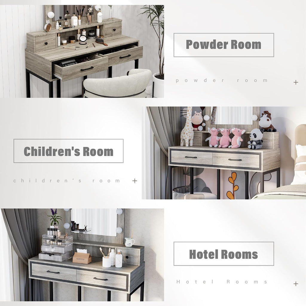 SUNVIVI Vanity, Makeup Vanity Desk with 3 Color Dimmable Lighted Hollywood Mirror, Grey Vanity with 4 Drawers, Large Dressing Table for Women Girls