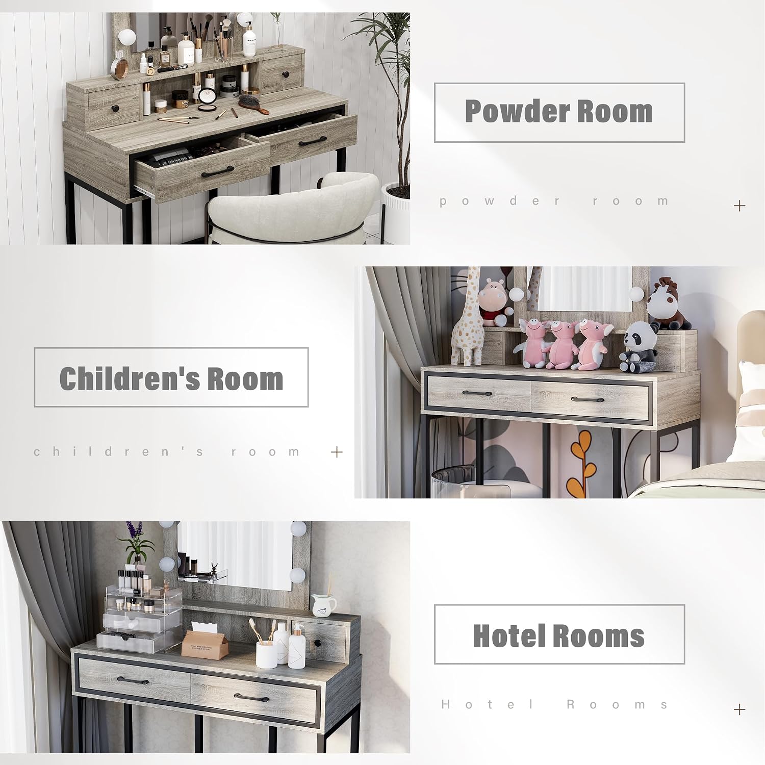 SUNVIVI Vanity, Makeup Vanity Desk with 3 Color Dimmable Lighted Hollywood Mirror, Grey Vanity with 4 Drawers, Large Dressing Table for Women Girls