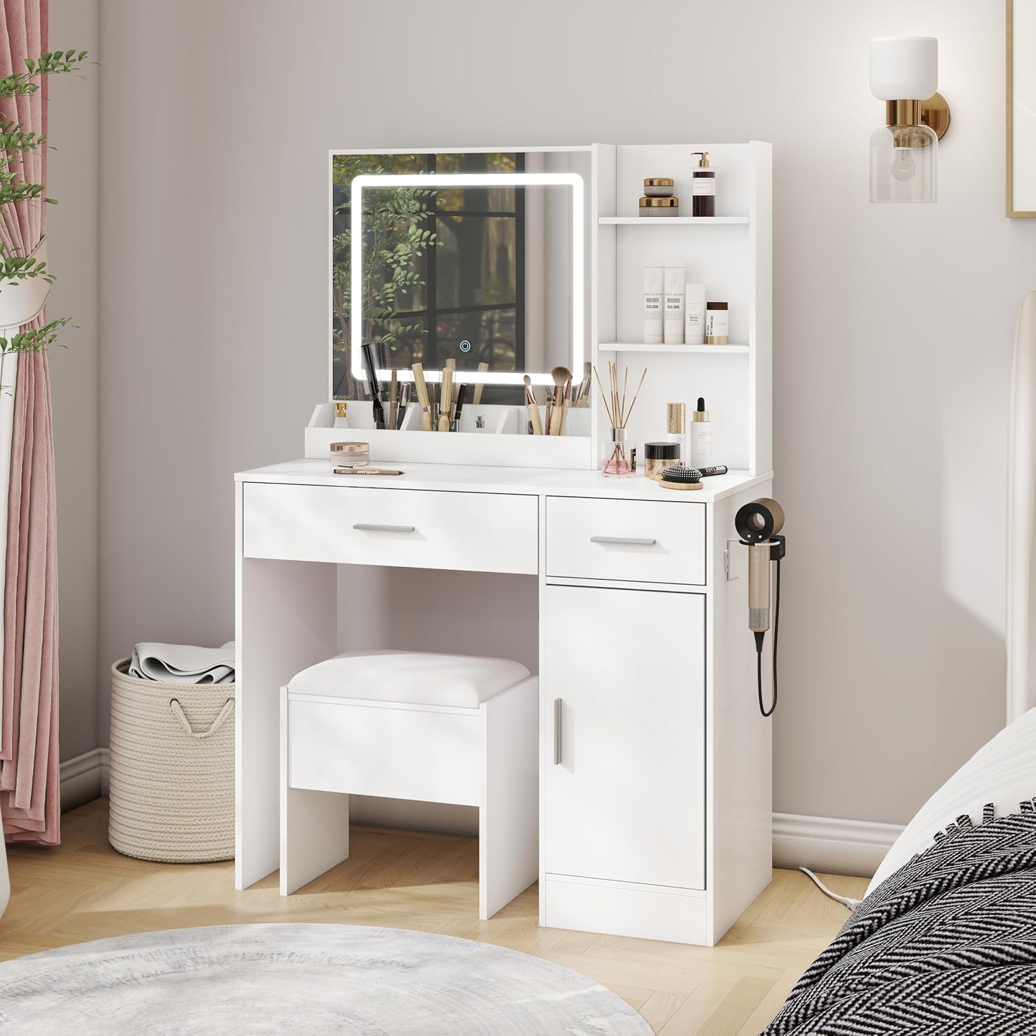 Roundhill Furniture Lavin Makeup Vanity Set, Vanity Desk with Stool, LED Light Mirror and Charging Station, White