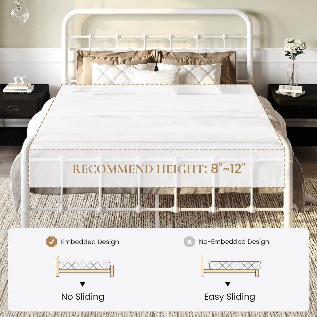 SHA CERLIN Full Size Bed Frame Metal Platform Bed with Vintage Style Headboard and Footboard, Heavy Duty Mattress Foundation, No Box Spring Needed, Easy Assembly, White