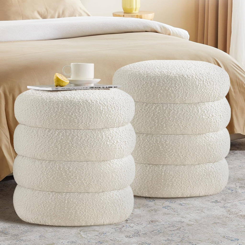 Busaurus Round Ottoman with Storage for Living Room Small Boucle Foot Stool Modern Upholstered Vanity Stool Ottoman Foot Rest for Dorm Corner Home Decor, Set of 2 (White)