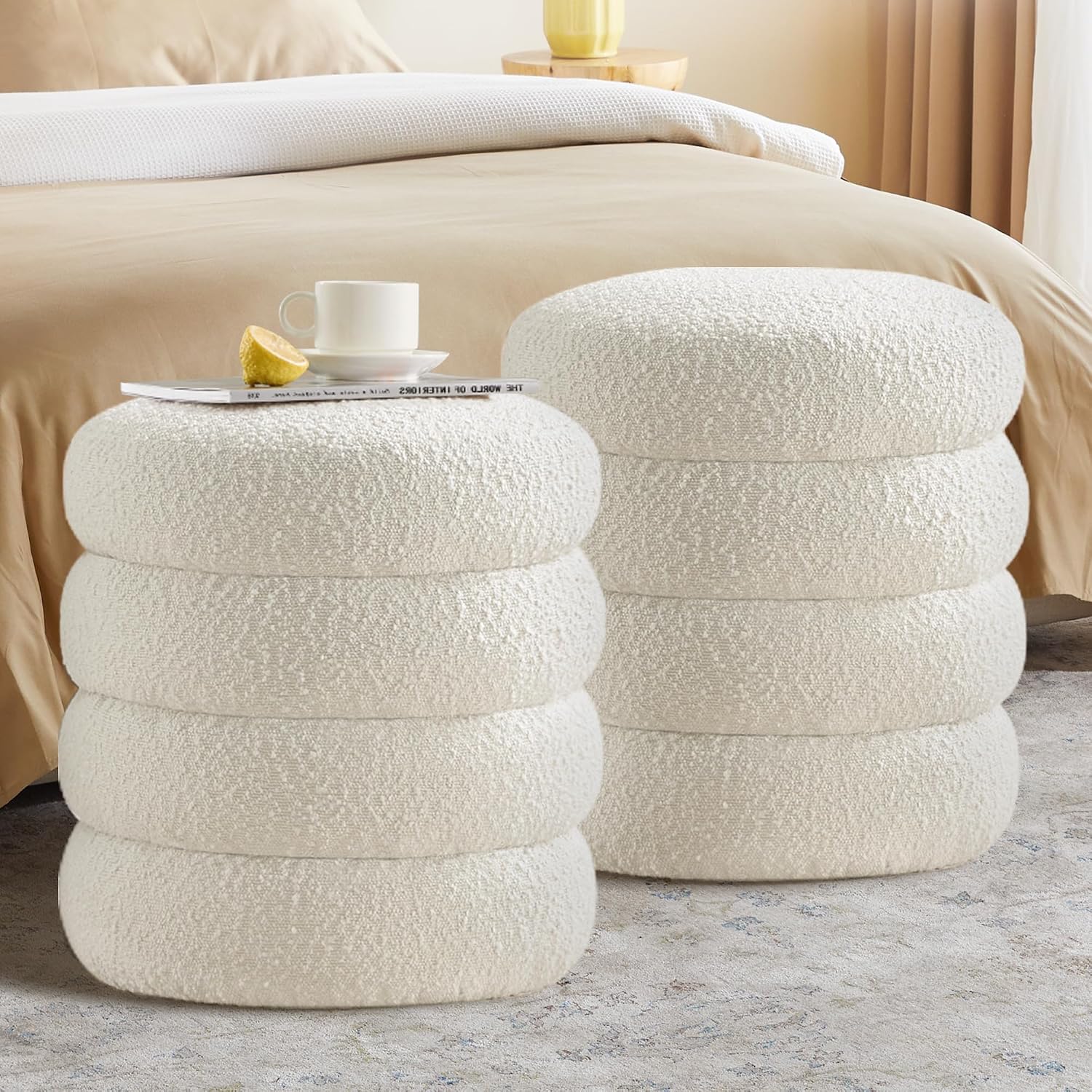 Busaurus Round Ottoman with Storage for Living Room Small Boucle Foot Stool Modern Upholstered Vanity Stool Ottoman Foot Rest for Dorm Corner Home Decor, Set of 2 (White)