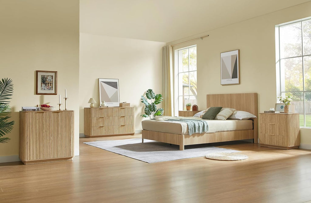 Full Size Wood Bed Frame with Headboard, Modern Retro Walnut Platform Beds Frames, Mid Century Rustic Wooden Bedroom Floor-BedFrame, No Box Spring Needed, Easy Assembly (Oak, Full, Metal Base)