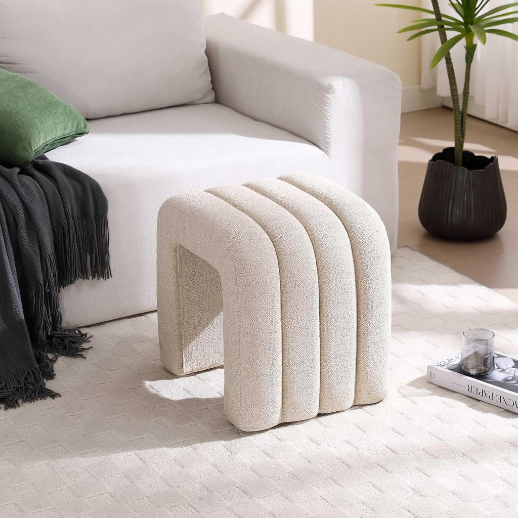 Flouki Ottoman Foot Stool with Channel Tufted, Small Ottoman Bench for Entryway, Modern Vanity Stool Chair, Upholstered Foot Rest Extra Seat for Living Room (Beige Linen)