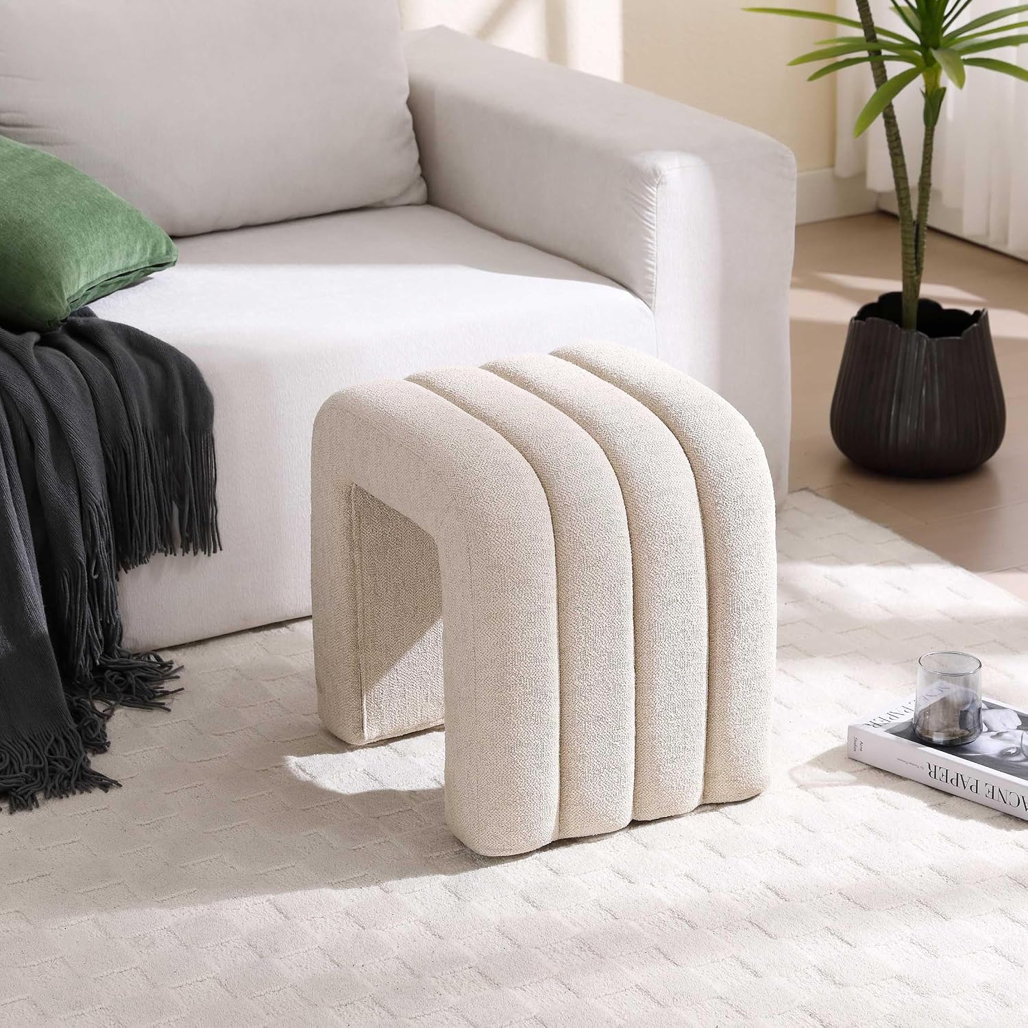 Flouki Ottoman Foot Stool with Channel Tufted, Small Ottoman Bench for Entryway, Modern Vanity Stool Chair, Upholstered Foot Rest Extra Seat for Living Room (Beige Linen)
