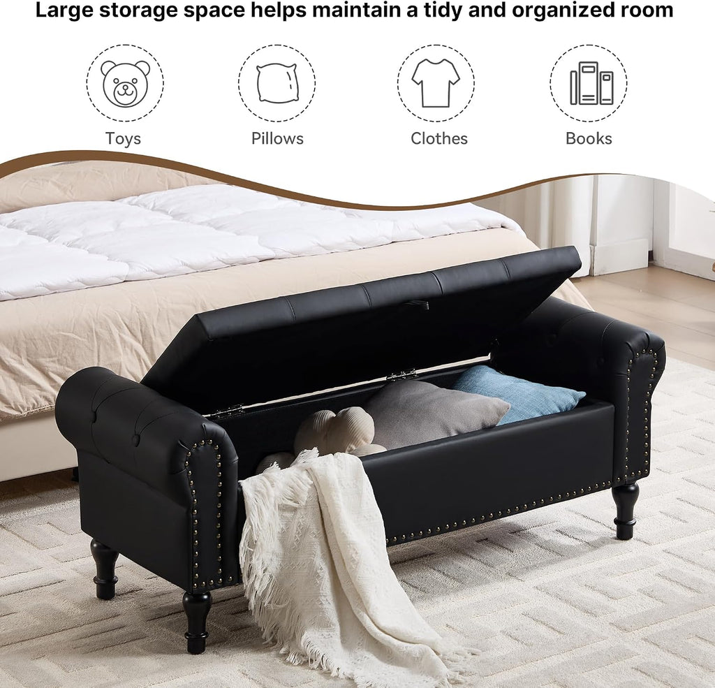 Storage Bench for Bedroom, 51' Upholstered End of Bed Bench, Faux Leather Queen Size Benches with Rolled Arms, Tufted Button Storage Long Ottoman, Living Room, Entryway, Black