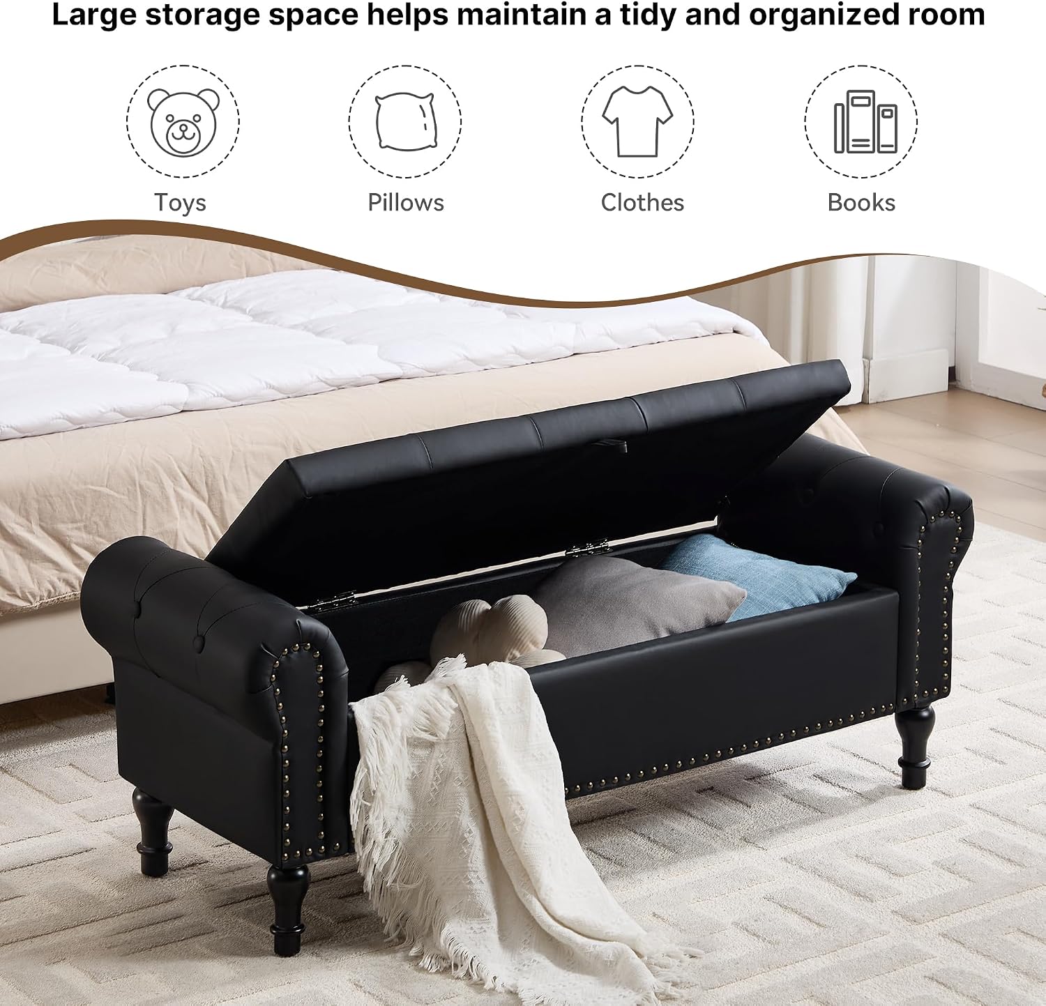 Storage Bench for Bedroom, 51' Upholstered End of Bed Bench, Faux Leather Queen Size Benches with Rolled Arms, Tufted Button Storage Long Ottoman, Living Room, Entryway, Black