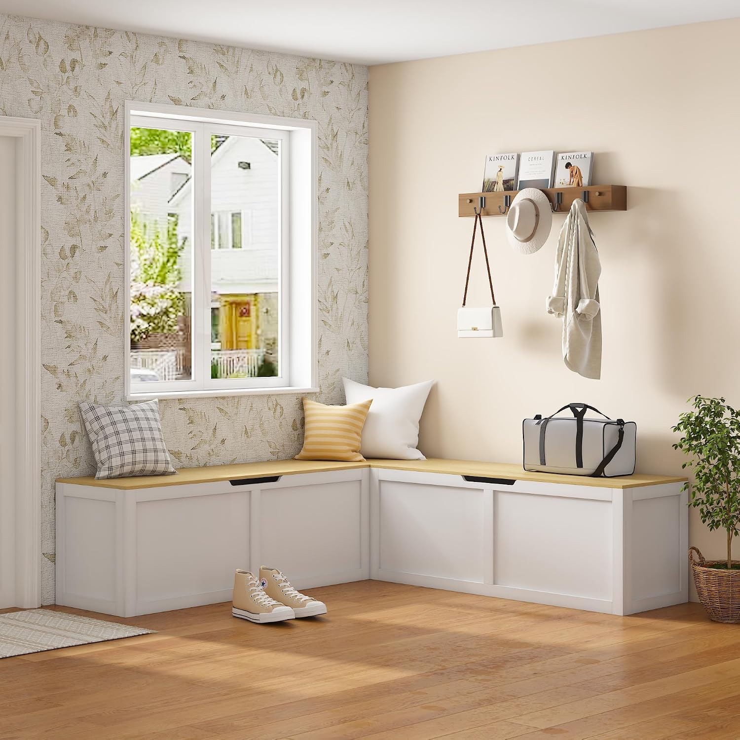 Space-Saving Right-Angle Storage Bench with Extra-Large Compartment – Easy Assembly Corner Seating Banquette for Dining & Living Room