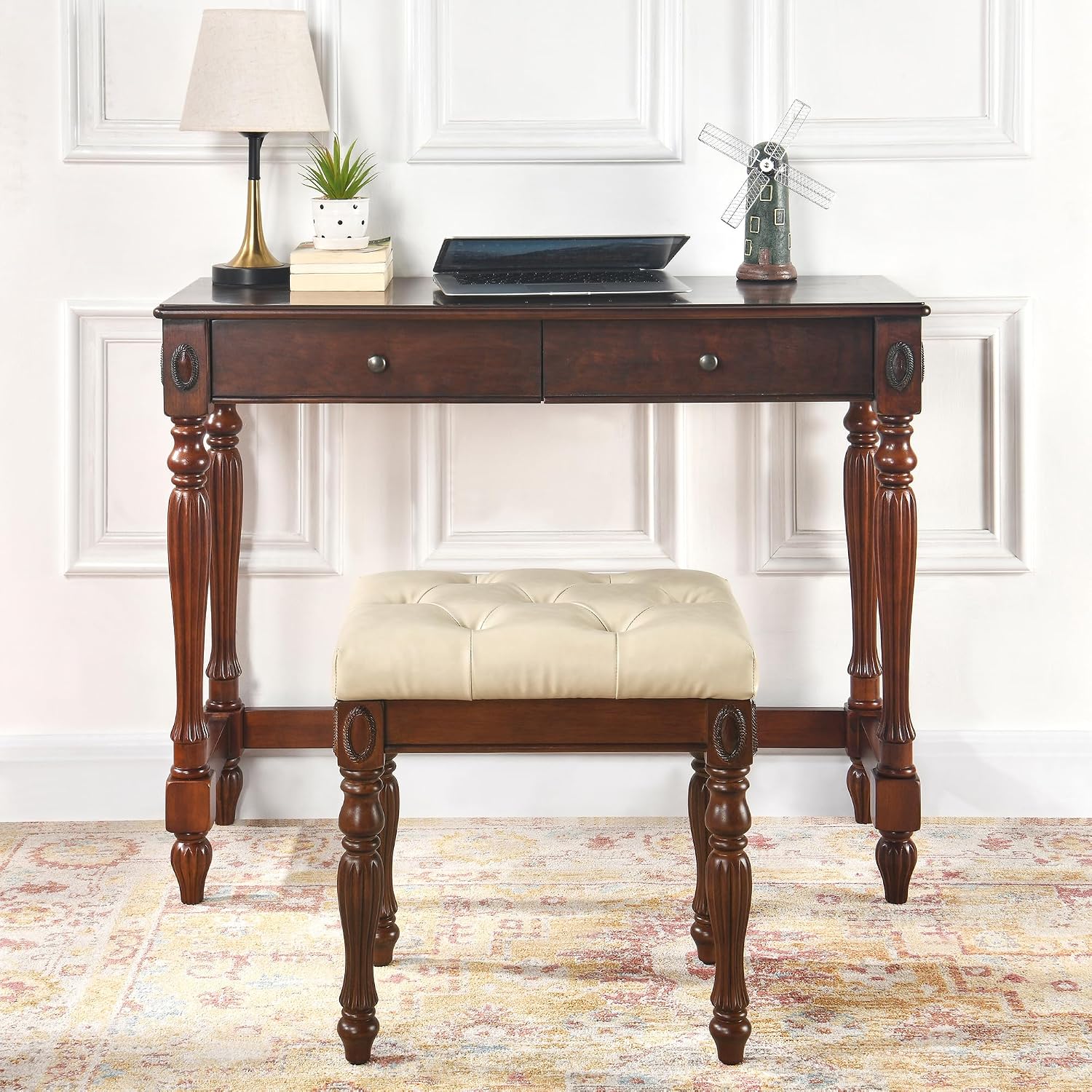 LEEMTORIG Upholstered Shoe Bench, Traditional Victorian Entryway Bench, Button Tufted Faux Leather, Holds Up to 300 lbs, 14x18x19inches, for Entryway Hallway Bedroom, Beige PU, FD-1533-BG
