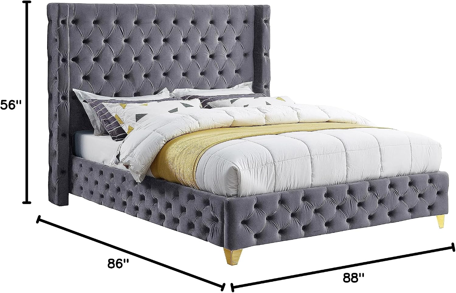 Meridian Furniture SavanGrey-K Savan Collection Modern | Contemporary Velvet Upholstered Bed with Deep Button Tufting in Gold or Chrome Finish, 88' W x 86' D x 56' H, Grey, King