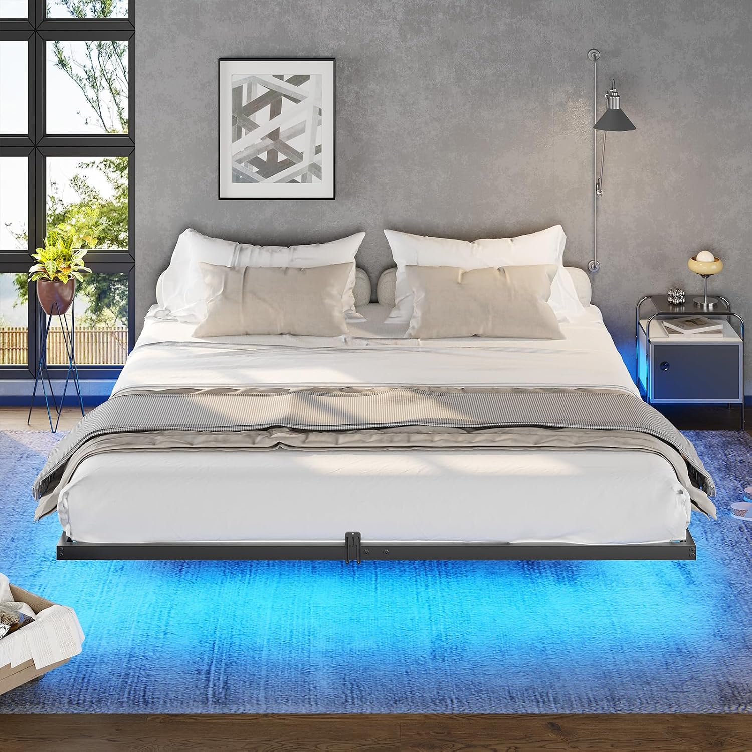 DICTAC Floating Bed Frame California King Size with LED Lights, Metal Platform Cal King Bed with Heavy Duty Steel Slats and 4 Mattress Slide Stopper, Black