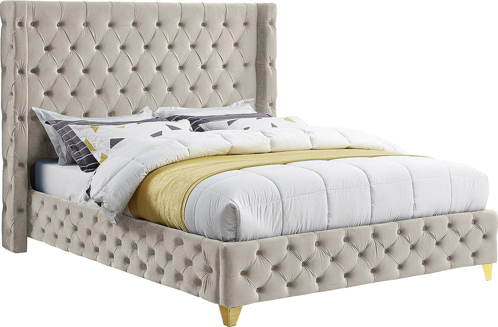 Meridian Furniture SavanCream-Q Savan Collection Modern | Contemporary Velvet Upholstered Bed with Deep Button Tufting in Gold or Chrome Finish, 72' W x 86' D x 56' H, Cream, Queen
