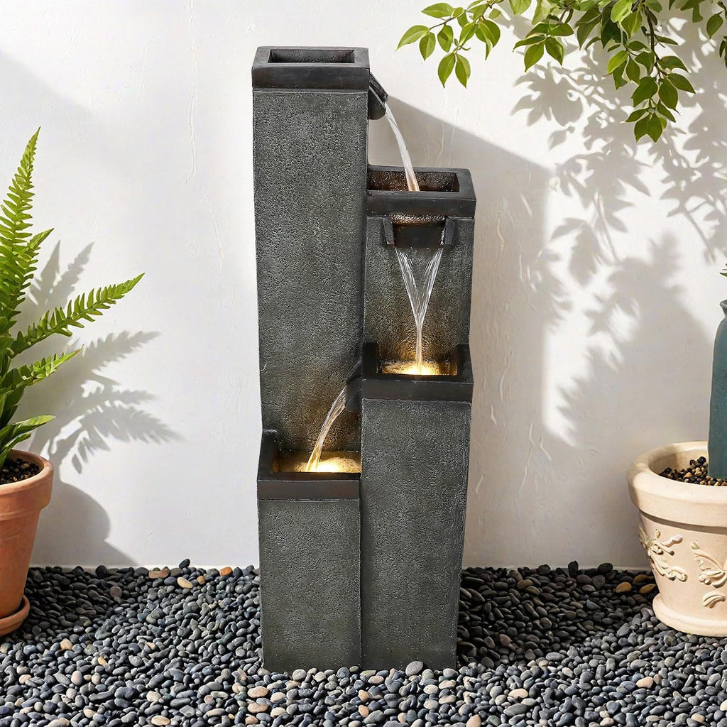 SunJet 4-Tier Modern Water Fountain, Indoor/Outdoor Resin Water Fountains with Soothing Water Sounds, Perfect for Garden, Patio, Home & Office, 12.5' L x 9.4' W x 39.3' H