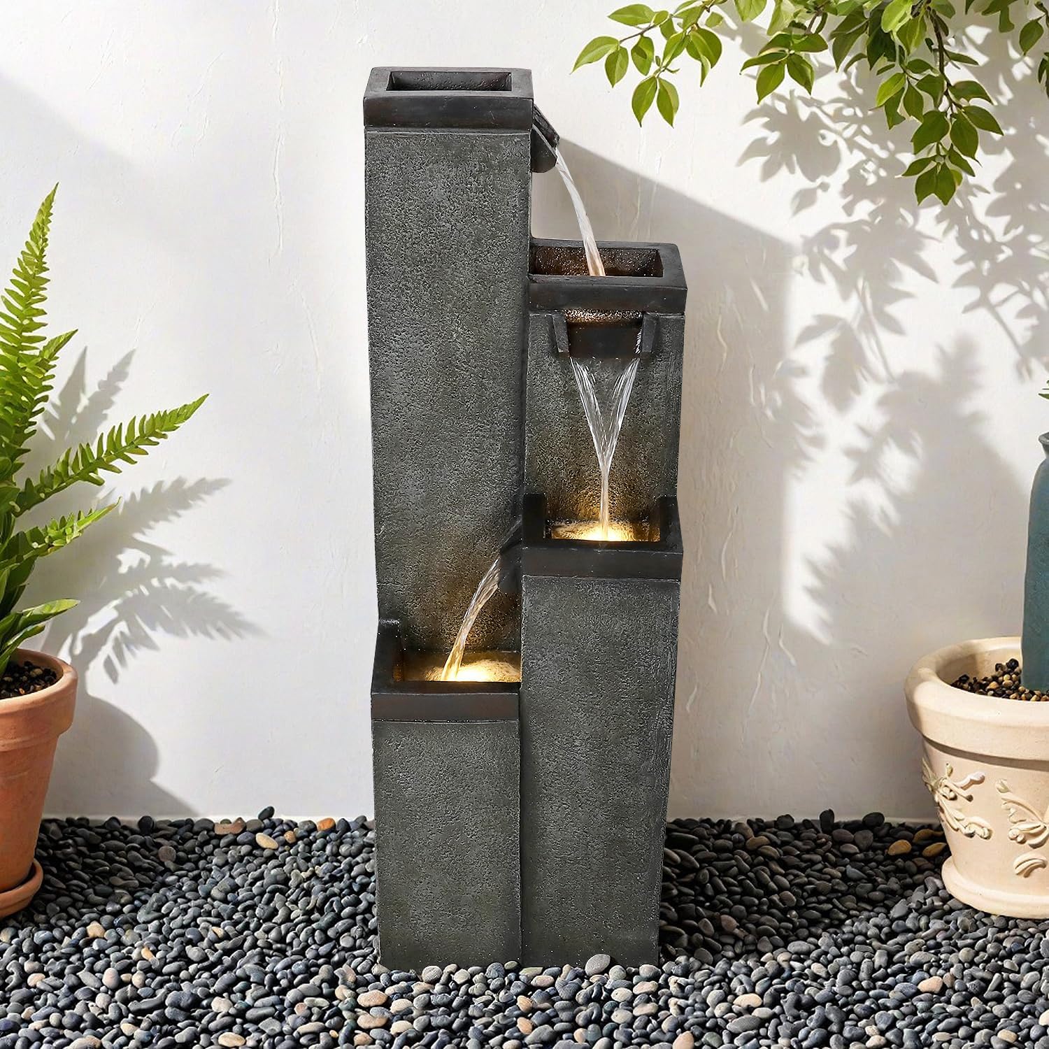 SunJet 4-Tier Modern Water Fountain, Indoor/Outdoor Resin Water Fountains with Soothing Water Sounds, Perfect for Garden, Patio, Home & Office, 12.5' L x 9.4' W x 39.3' H
