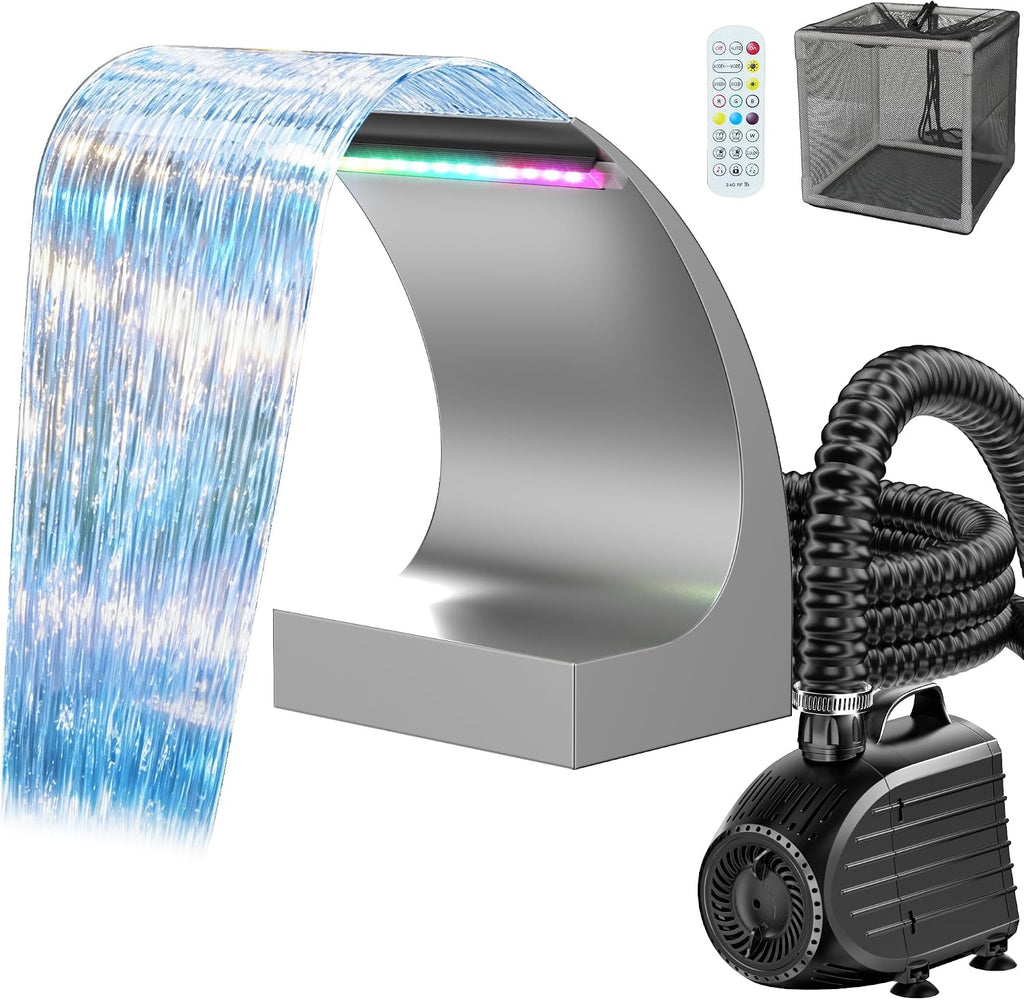 POPOSOAP Pond Waterfall Spillway with LED Lights & 1200GPH Pond Pump, 8Inch Pond Spillway Kit for Garden Ponds, Outdoor Water Feature with App & Remote Control for Backyard Landscape Decoration-P42C