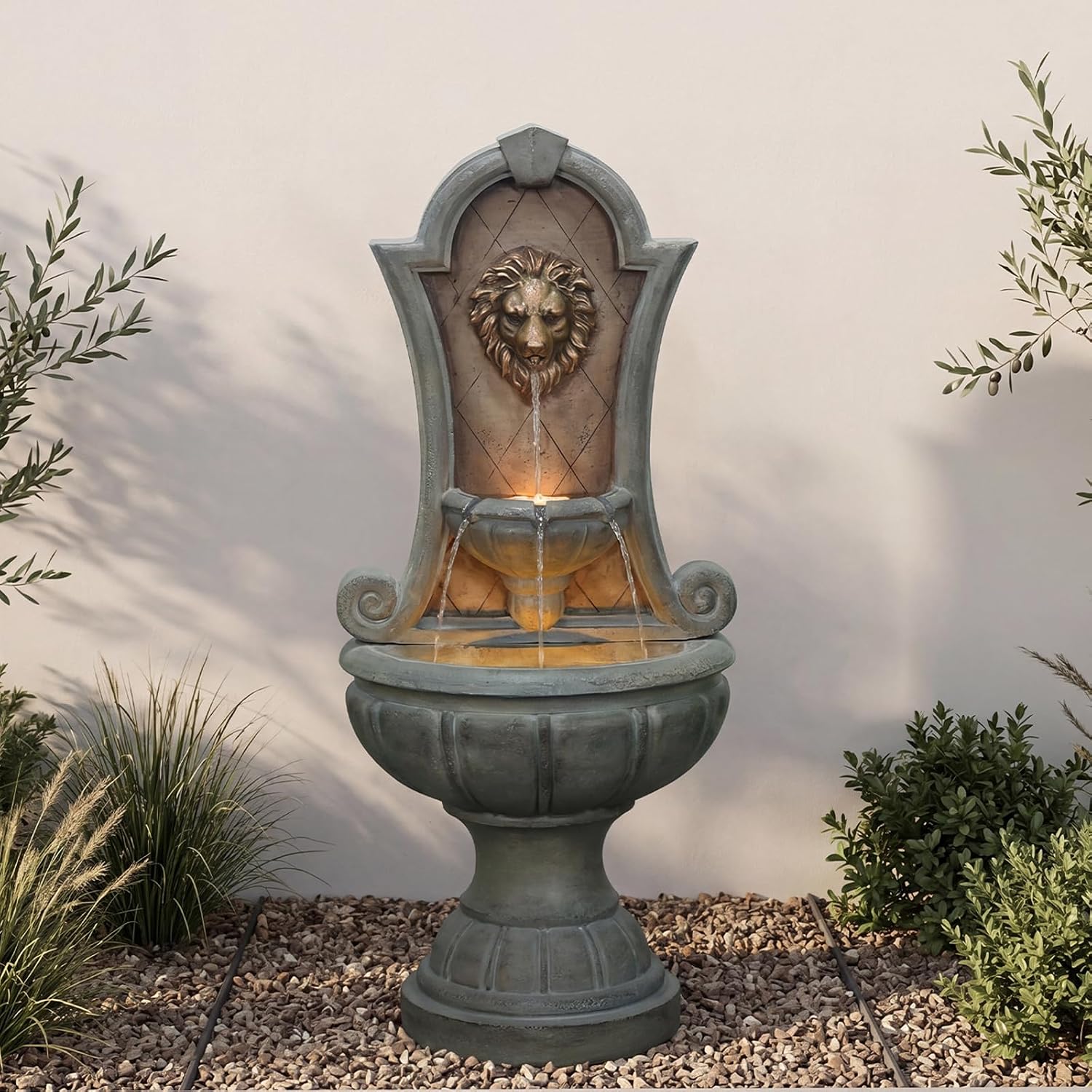 Bumilgar Outdoor Wall Fountain with LED Lights, 49.21' H Freestanding Garden Water Fountain, Large Floor Standing Patio Waterfall Feature, European Resin Flat Back Yard Courtyard Porch Décor