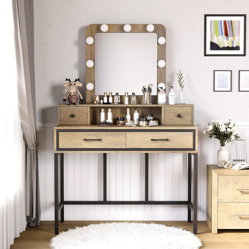 SUNVIVI Vintage Vanity Desk with Lighted Mirror, 40' Large Dressing Makeup Vanity Table with 4 Drawers, 3 Color Lighting Modes & 10 Brightness, Dressing Table with Metal Frame for Woman Adult Bedroom