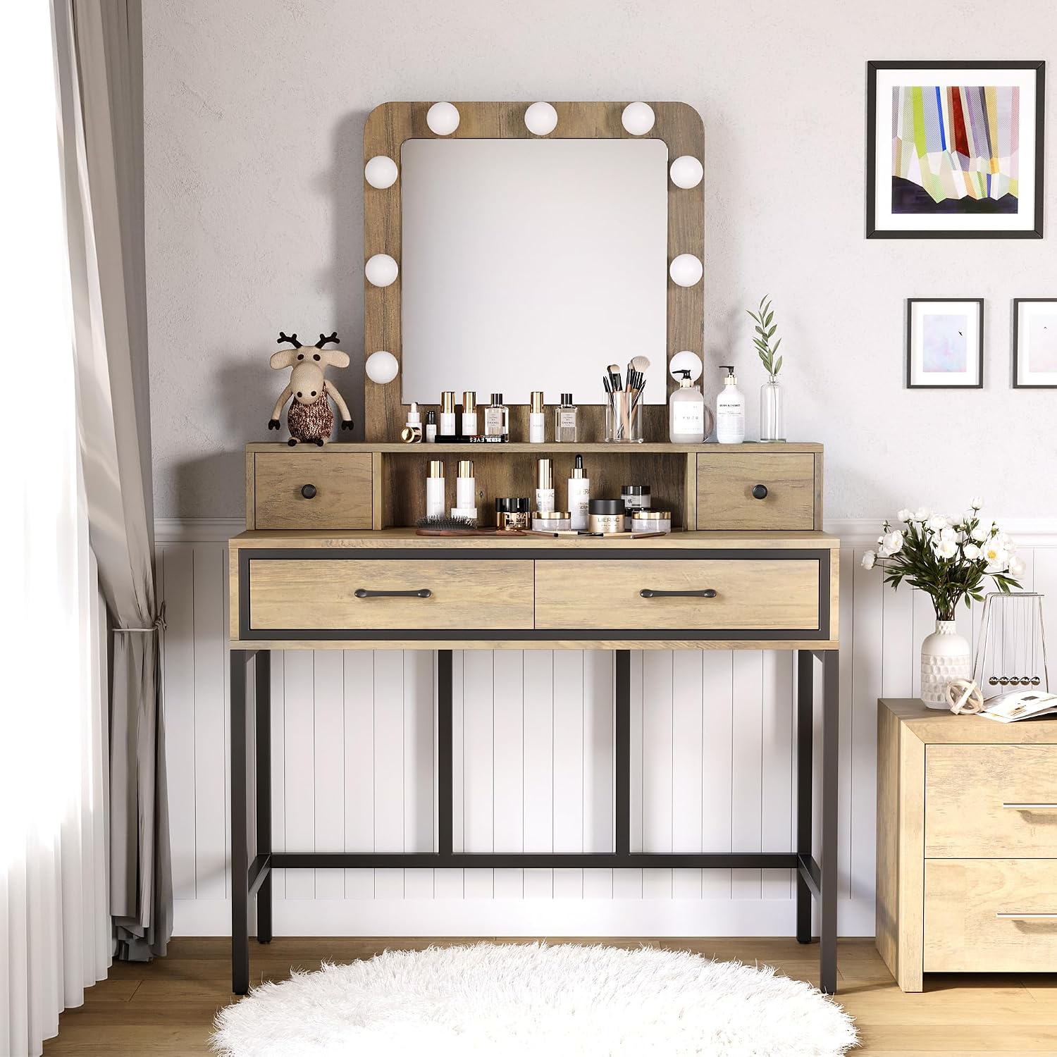 SUNVIVI Vintage Vanity Desk with Lighted Mirror, 40' Large Dressing Makeup Vanity Table with 4 Drawers, 3 Color Lighting Modes & 10 Brightness, Dressing Table with Metal Frame for Woman Adult Bedroom