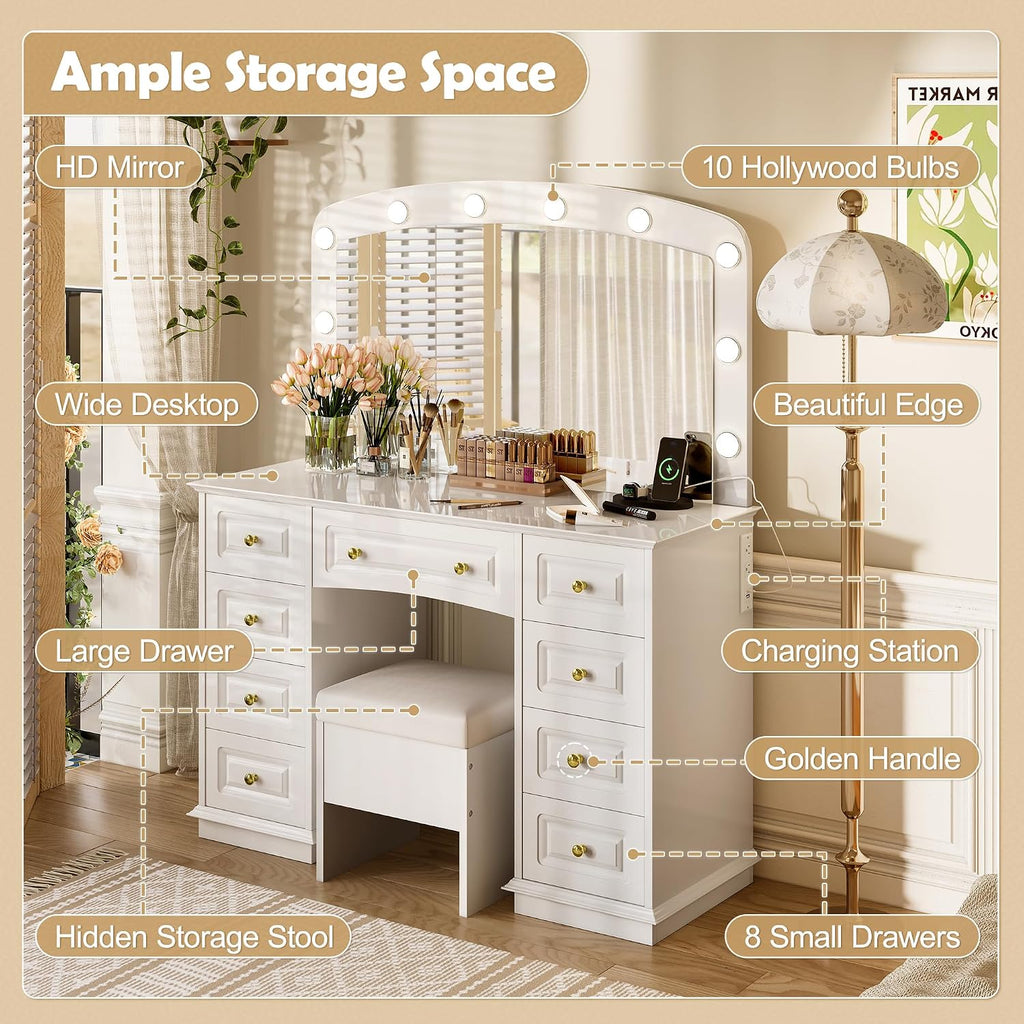 Merax 44.2' Makeup Vanity Desk with Mirror and 10 Bulbs, White Dressing Table with Cushioned Stool and 9 Storage Drawers for Bedroom
