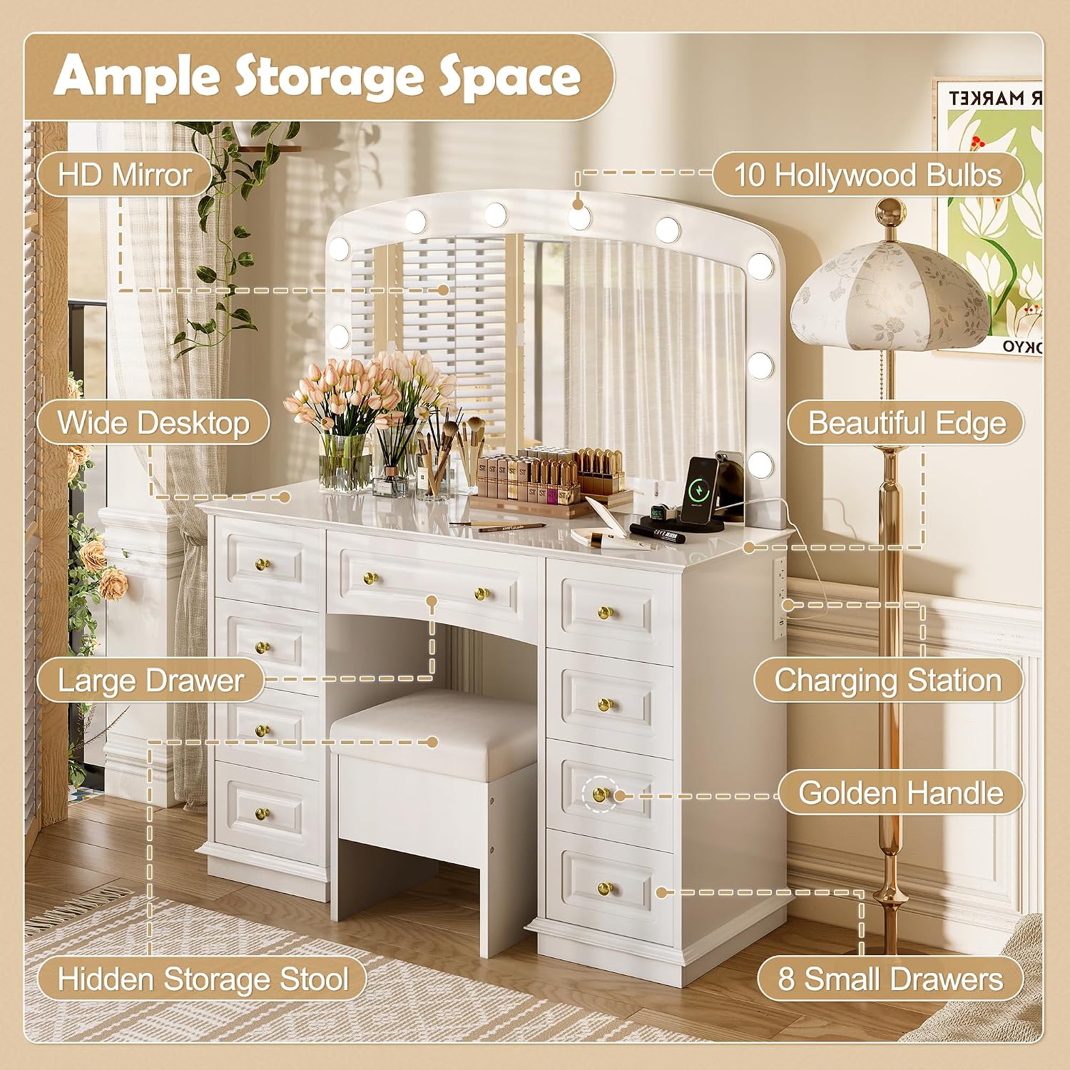 Merax 44.2' Makeup Vanity Desk with Mirror and 10 Bulbs, White Dressing Table with Cushioned Stool and 9 Storage Drawers for Bedroom