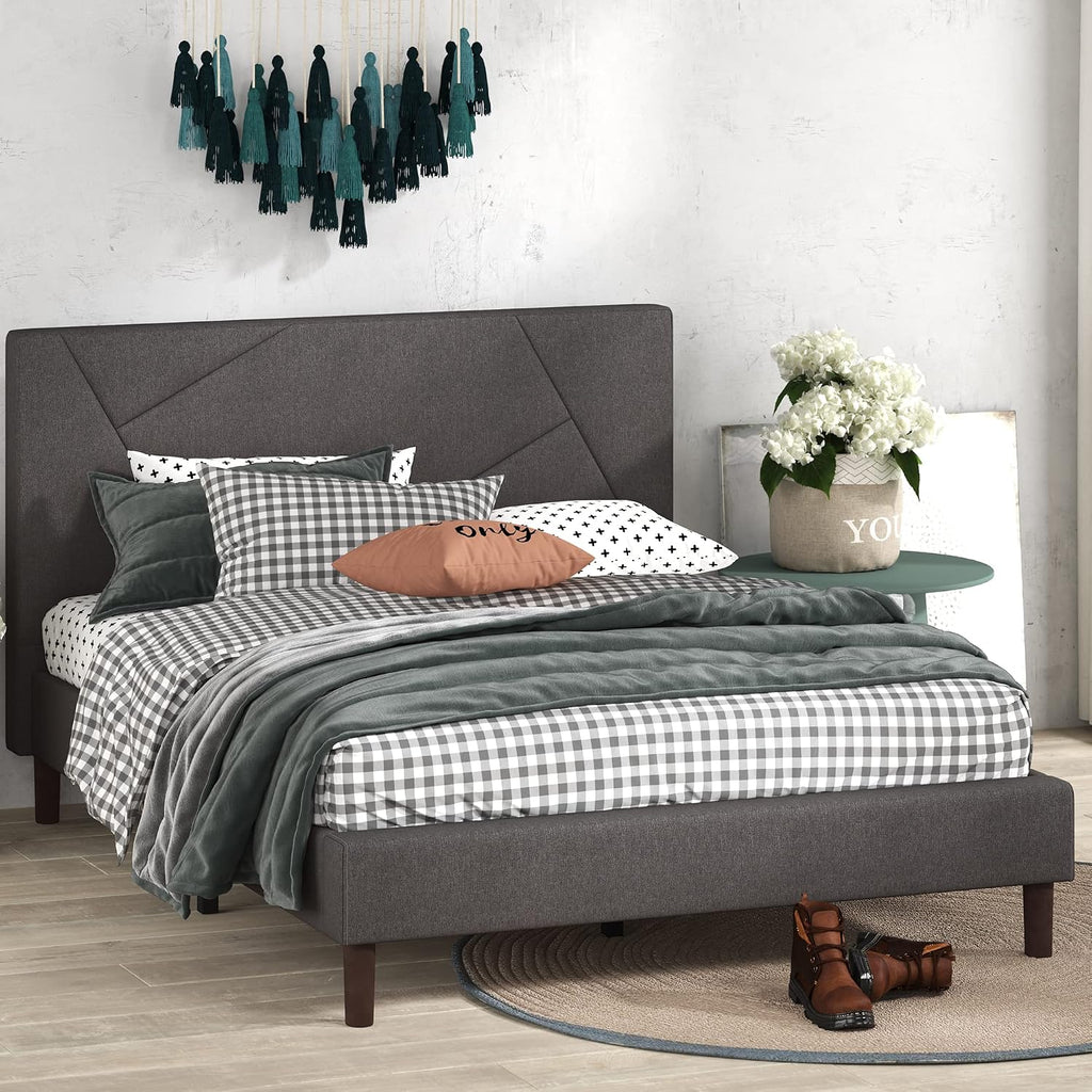 Zinus Judy Upholstered Platform Bed Frame, Mattress Foundation, Wood Slat Support, No Box Spring Needed, Easy Assembly, Queen