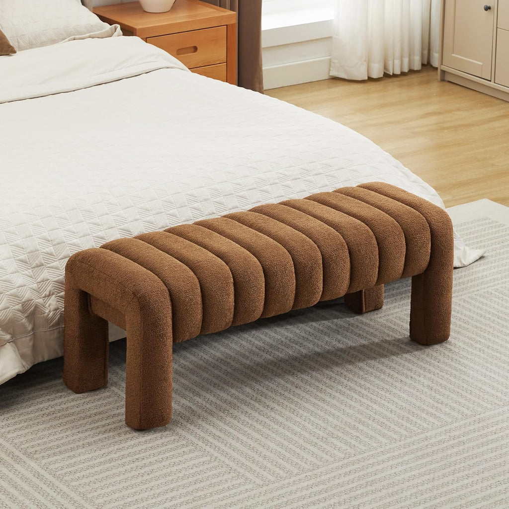 43' Upholstered Boucle Bench Bedroom, Padded Ottoman Bench, Sherpa Window Seat for Living Room Entryway End of Bed, Rust Brown