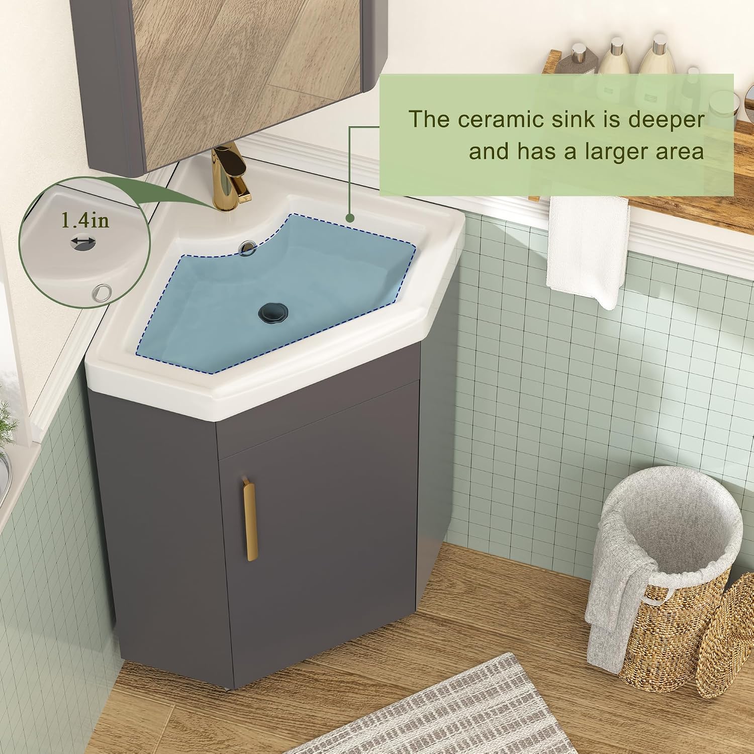 Findepot 24' Corner Bathroom Vanity Sink for Small Space Freestanding Compact Space Bathroom Storage Cabinet with White Ceramic Sink & Adjustable Shelf, Black