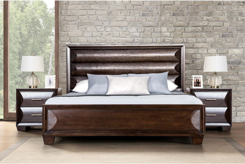 Furniture of America Arvin Modern 3-Piece Solid Wood Bedroom Collection with King Bed Frame and 2-Drawer Nightstands Set of 2 for Guest Room, Dorm, Home, Box Spring Needed, Espresso