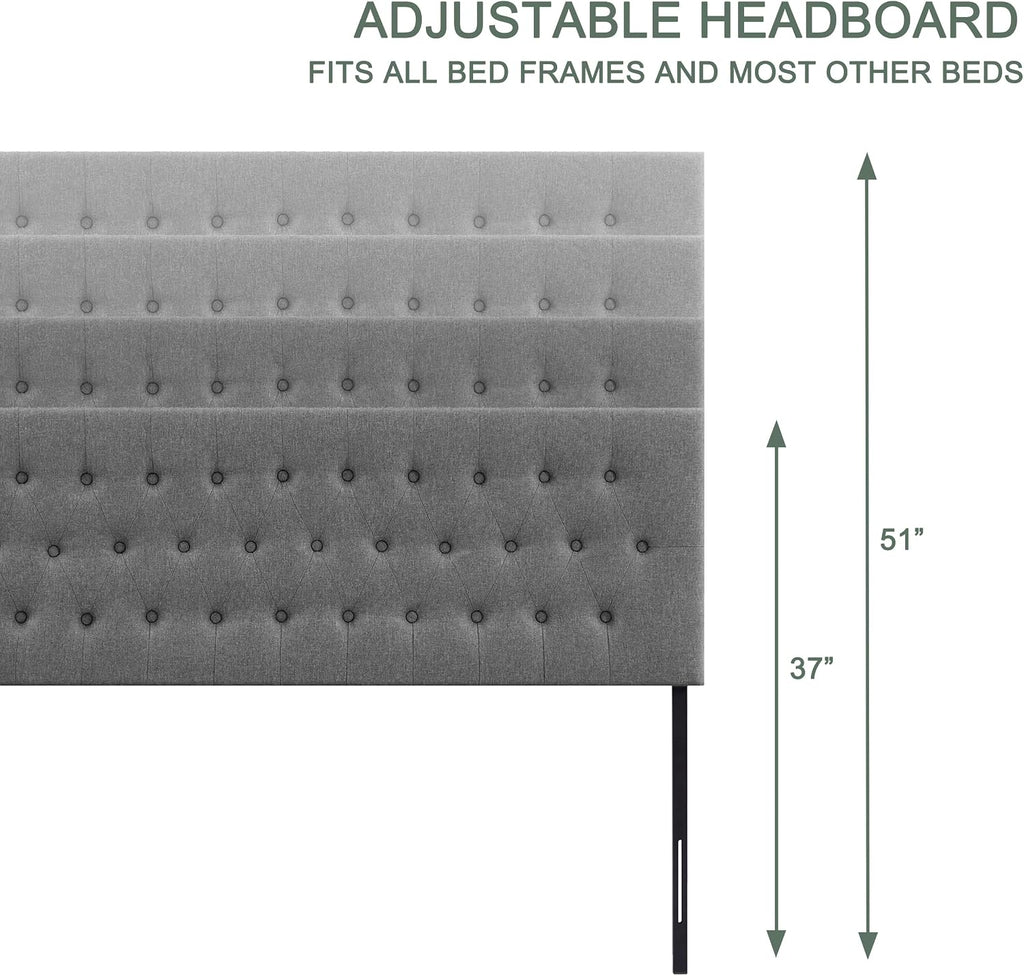 Huatean Home Tufted Upholstered Headboard King Size, Solid Wood Head Board with Durable Metal Legs, Adjustable Height Bed headboard from 37' to 51' Fabric Headboard in Modern Button Design, Grey