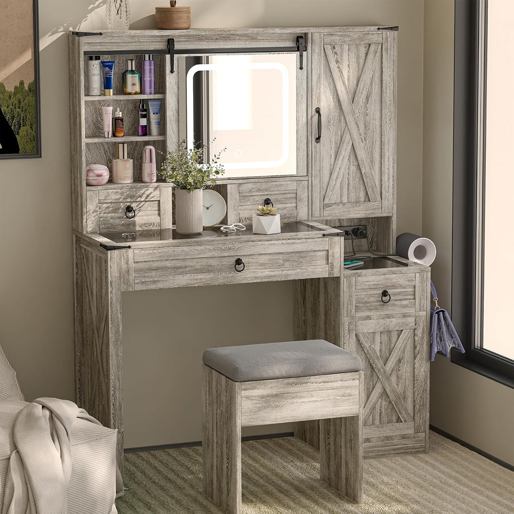 Farmhouse Vanity Desk with Mirror and Lights, 42' Makeup Vanity with Charging Station, 4 Drawers & Adjustable Shelves, Oak