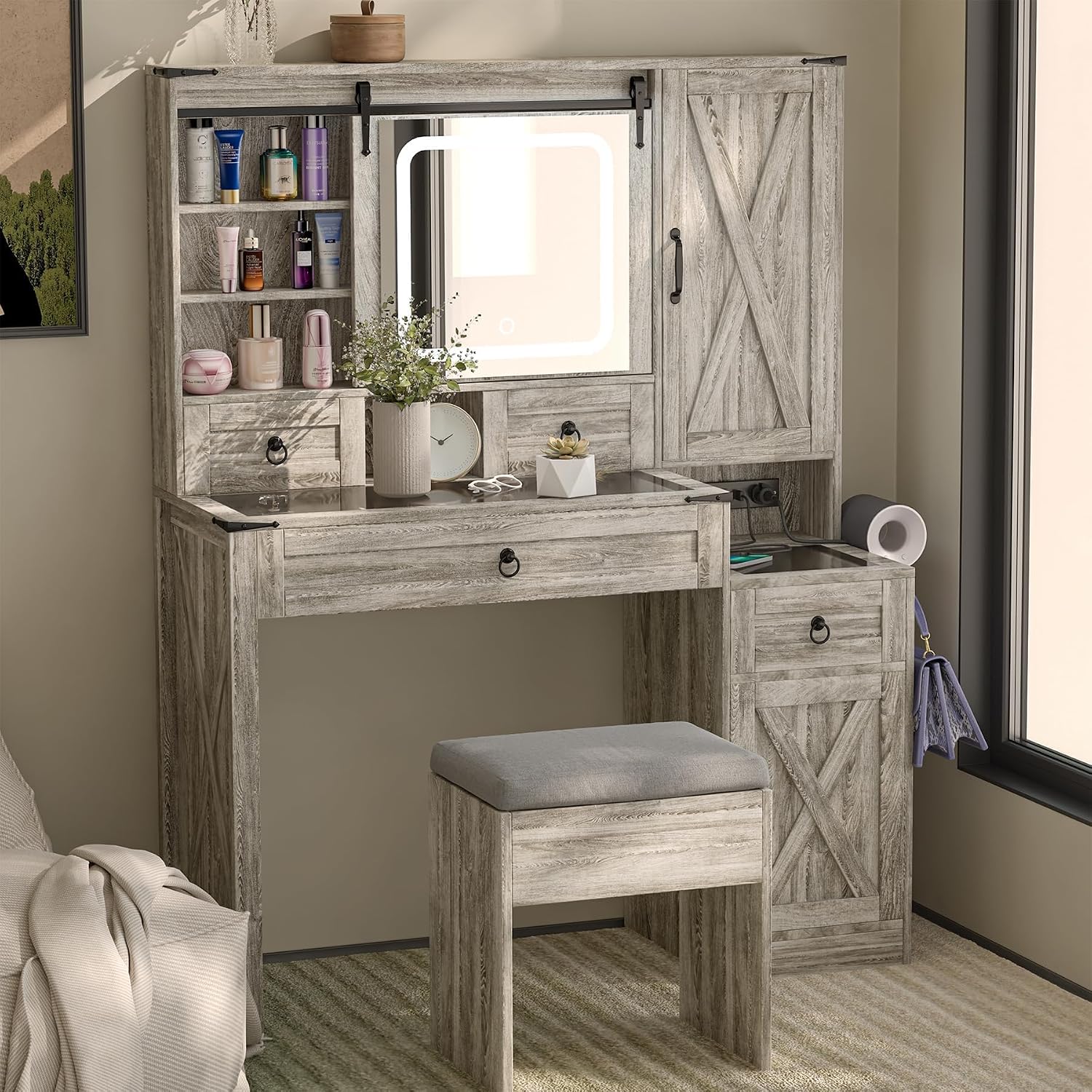 Farmhouse Vanity Desk with Mirror and Lights, 42' Makeup Vanity with Charging Station, 4 Drawers & Adjustable Shelves, Oak